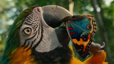 Papillon posé sur le bec d'un ara